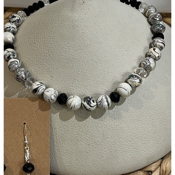 Black White Silver Metallic Chocker Necklace & Earring Set Crystal Whimsigoth - Picture 2 of 12